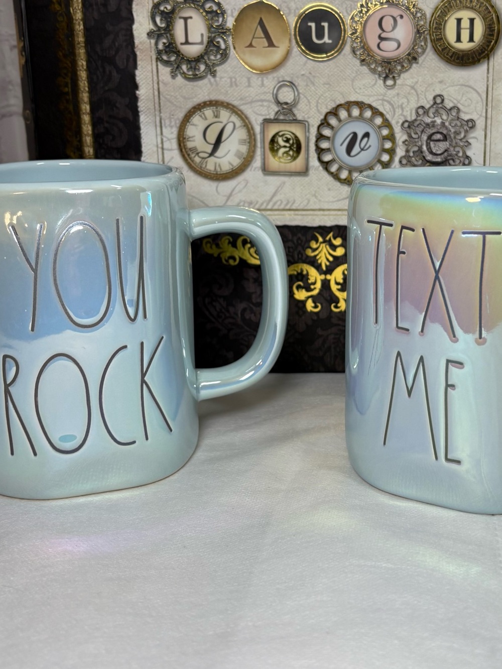 Rae Dunn “You Rock” and “Text Me” Iridescent Light Blue Ceramic Mug Set NIB - Picture 2 of 10